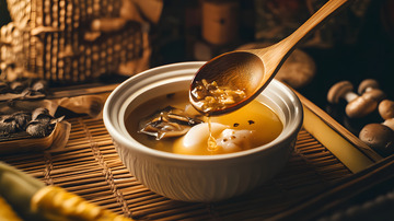 陶瓷汤勺舀起佛跳墙食材的特写画面