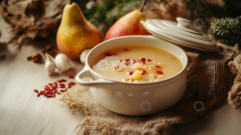 高清大图下载【趣麦麦图】家庭场景中的陶碗红枣汤羹与健康饮品展示