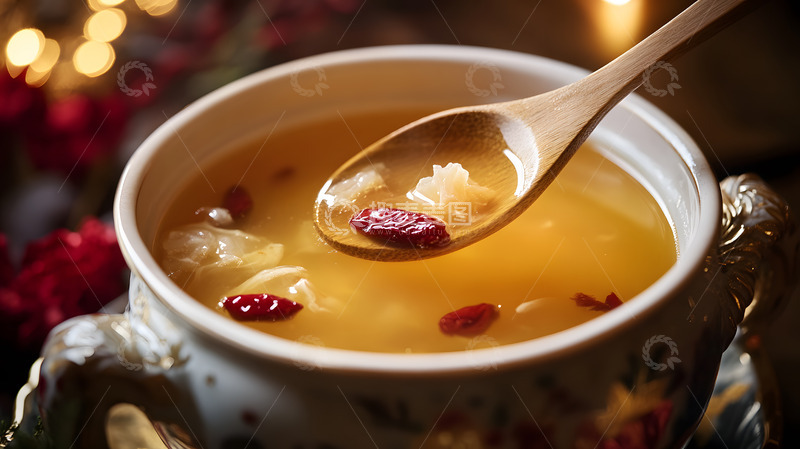 高清大图下载【趣麦麦图】陶瓷碗中舀起的红枣枸杞养生汤羹