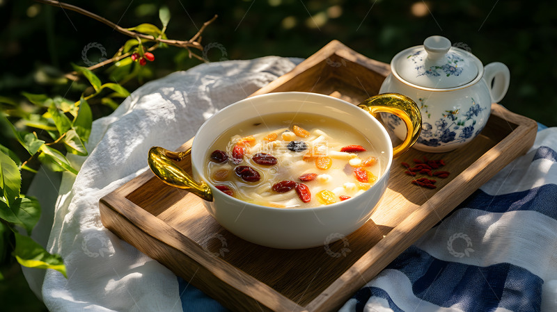 高清大图下载【趣麦麦图】绿色背景中阳光洒落的银耳枸杞养生汤羹