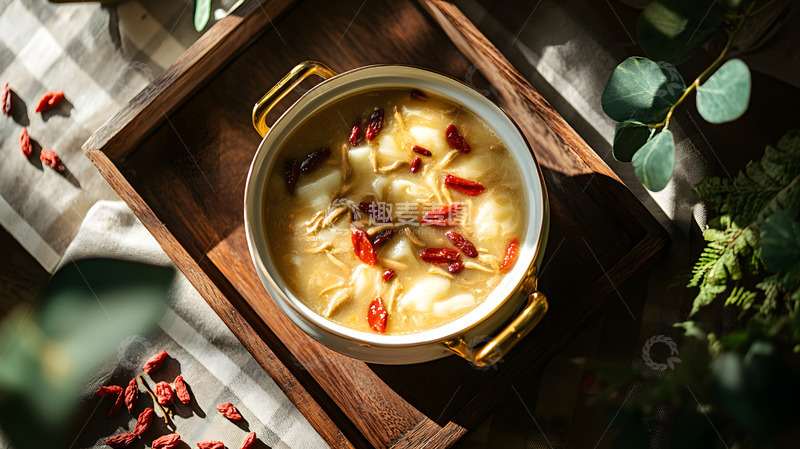 高清大图下载【趣麦麦图】-温暖灯光下陶制器皿盛放的经典养生汤羹