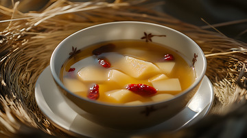 玻璃器皿中透亮的银耳枸杞养生汤羹