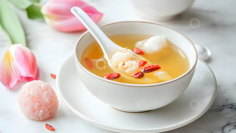 高清大图下载【趣麦麦图】粉色花卉装饰下白瓷碗中的银耳养生汤羹