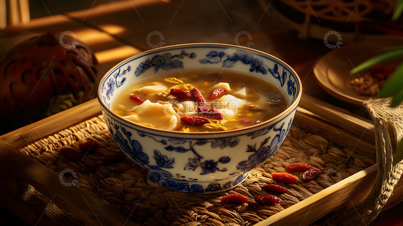 高清大图下载【趣麦麦图】红枣枸杞银耳汤羹与蓝白瓷器的经典养生展示