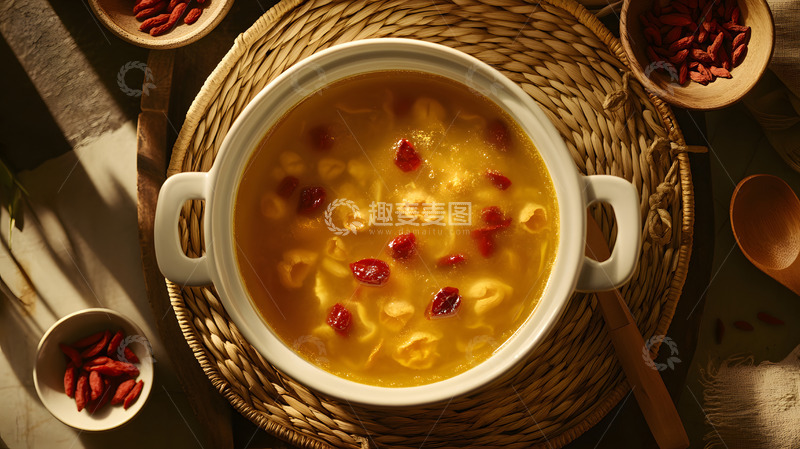 高清大图下载【趣麦麦图】俯拍陶碗中的红枣银耳汤羹与枸杞点缀