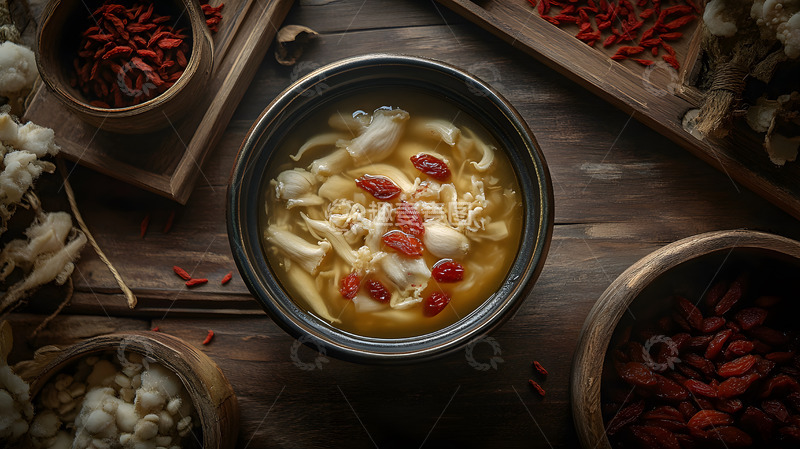 高清大图下载【趣麦麦图】-深色背景中陶碗盛放的枸杞银耳养生汤羹