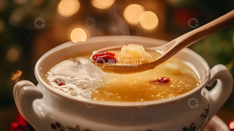 高清大图下载【趣麦麦图】圣诞氛围中木质桌上的银耳枸杞养生汤羹