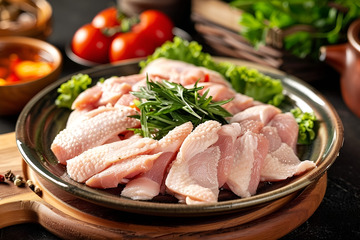 一盘切块的生鸡肉