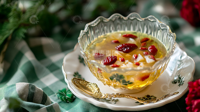 高清大图下载【趣麦麦图】自然背景中陶碗中的红枣枸杞养生汤羹