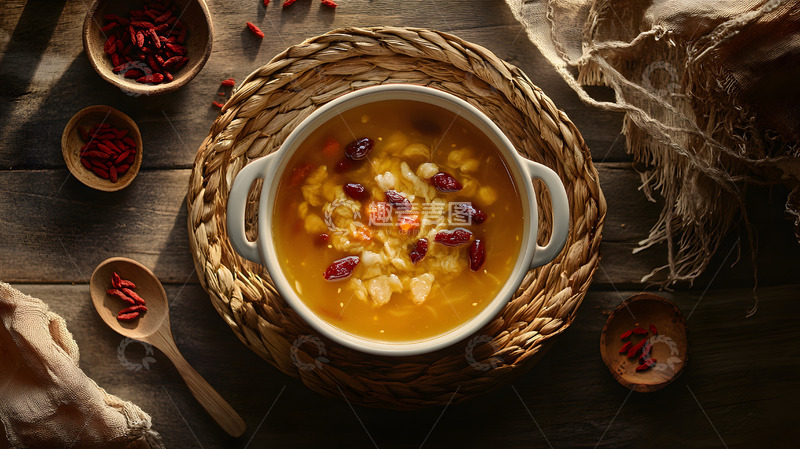 高清大图下载【趣麦麦图】传统中式陶碗中的红枣银耳莲子养生汤羹