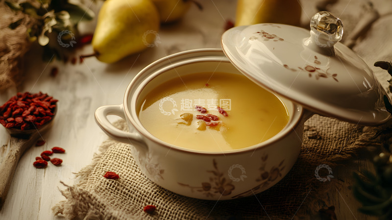 高清大图下载【趣麦麦图】陶瓷碗中盛放的红枣枸杞银耳养生汤羹