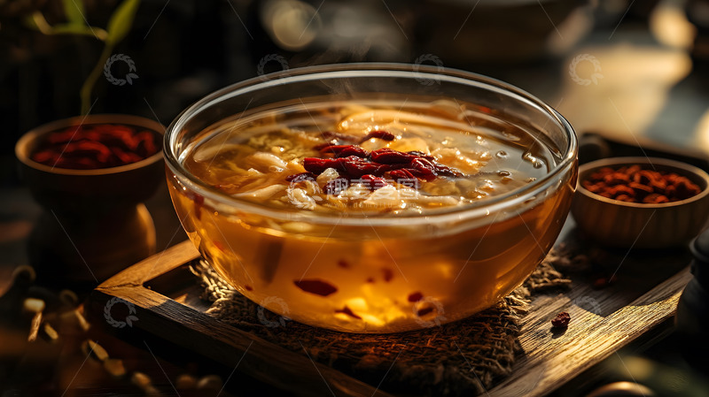 高清大图下载【趣麦麦图】金色灯光映衬的红枣银耳枸杞养生汤羹