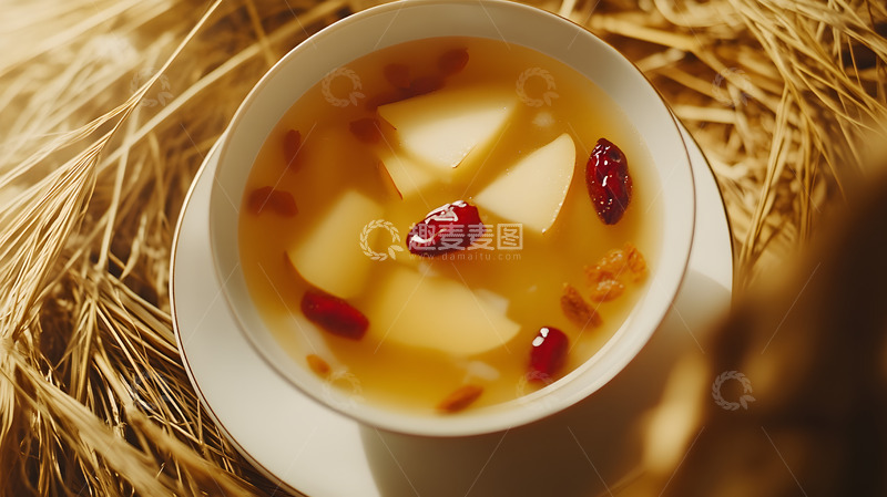 高清大图下载【趣麦麦图】枸杞红枣银耳汤羹与陶碗的养生组合