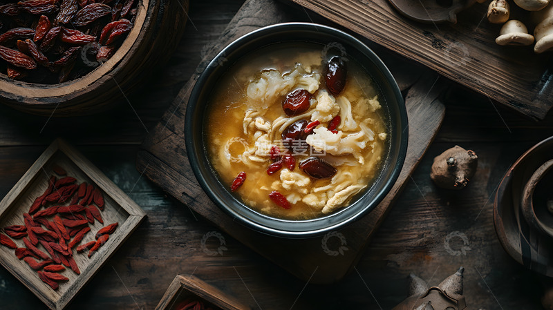 高清大图下载【趣麦麦图】陶制砂锅中热气腾腾的银耳莲子汤羹