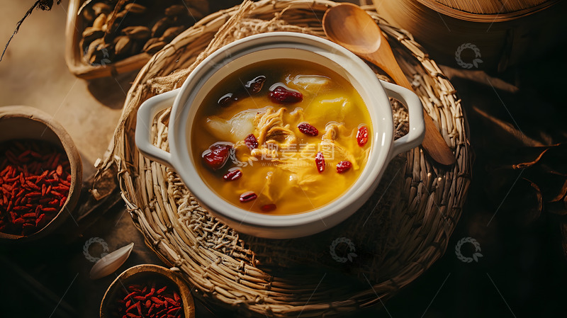 高清大图下载【趣麦麦图】深色背景中陶碗盛放的红枣银耳枸杞养生汤羹