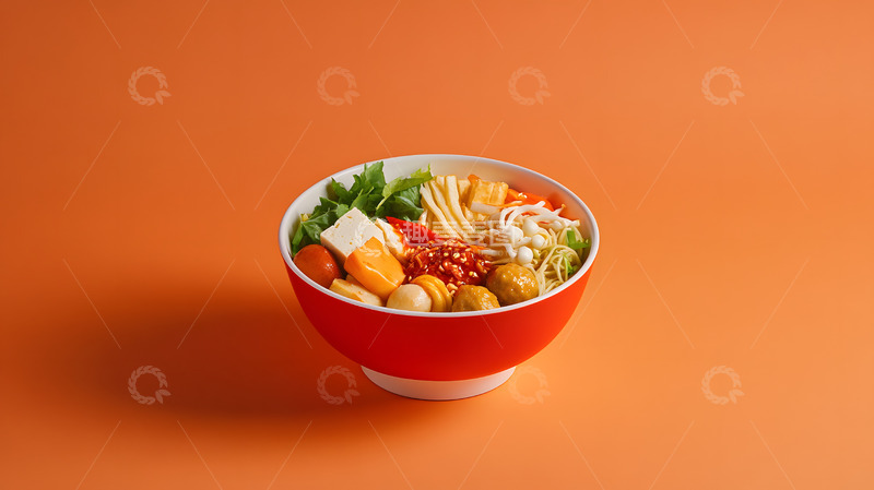 橙色背景衬托下陶碗中的鲜香麻辣烫