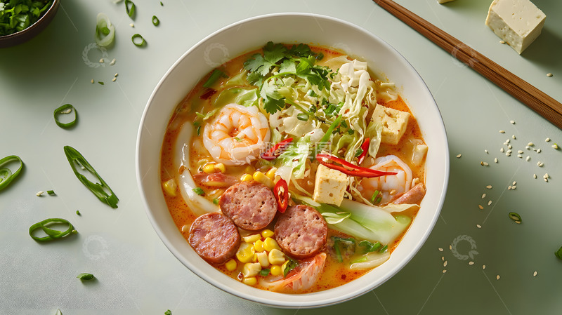 浅色背景中陶碗麻辣烫的清新呈现
