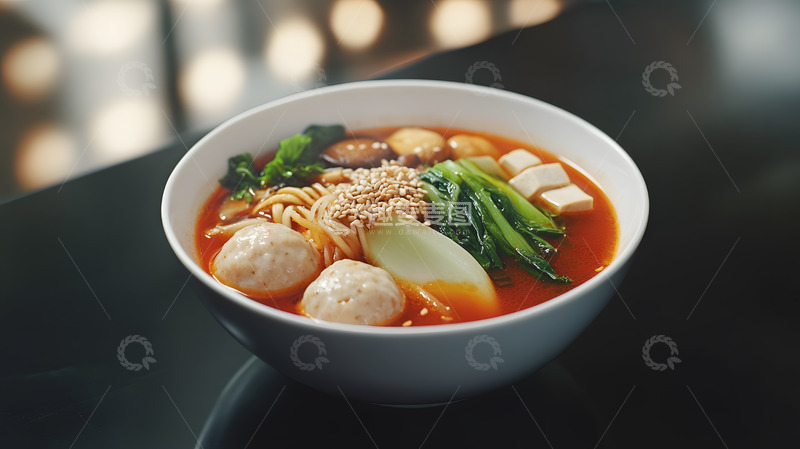 深色陶碗中的麻辣烫与嫩滑食材完美融合