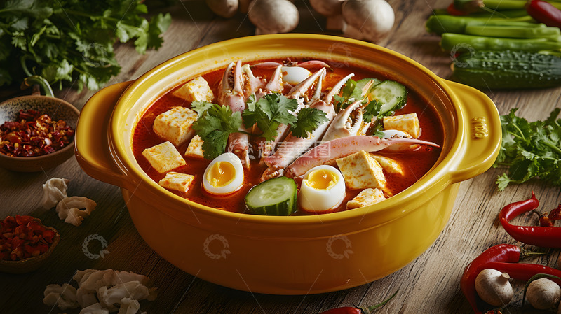 红棕色陶碗中丰富配料的经典麻辣烫