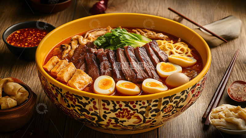 高清大图下载【趣麦麦图】陶制碗中鲜香四溢的麻辣烫与新鲜食材展示