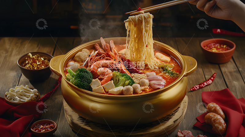 高清大图下载【趣麦麦图】陶碗中热气腾腾的麻辣烫与香菜辣椒点缀的鲜明展示