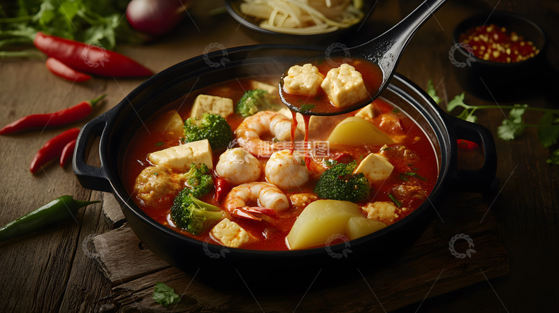 陶碗中丰富配料的热气腾腾麻辣烫美味展示