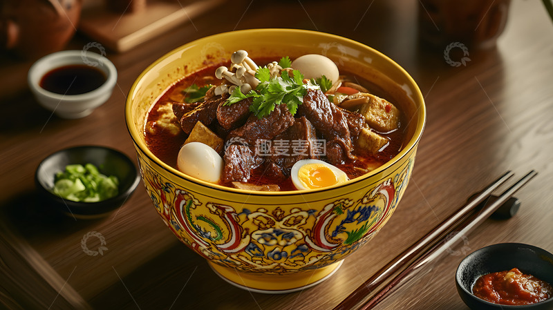 木质桌面上的麻辣烫与红色辣椒的经典搭配