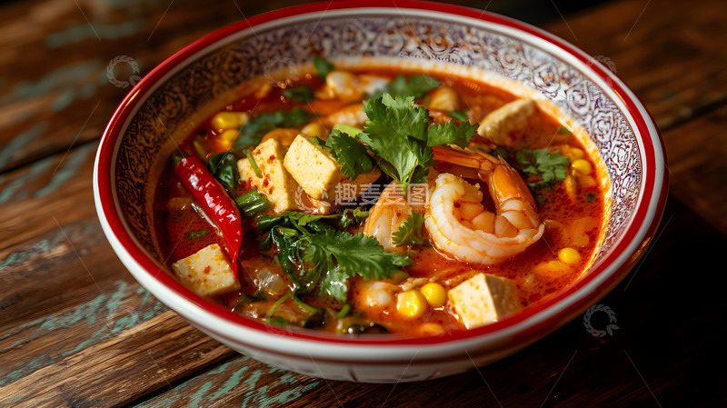 深色背景中搭配香菜的陶碗麻辣烫火辣展示