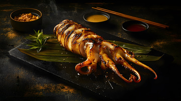 深色背景中铁板整只鱿鱼的经典呈现