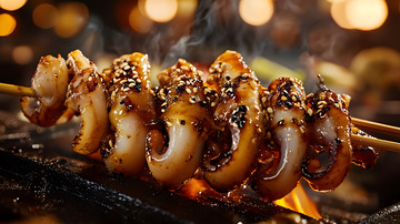 铁板炙烤鱿鱼串搭配香料的美味呈现