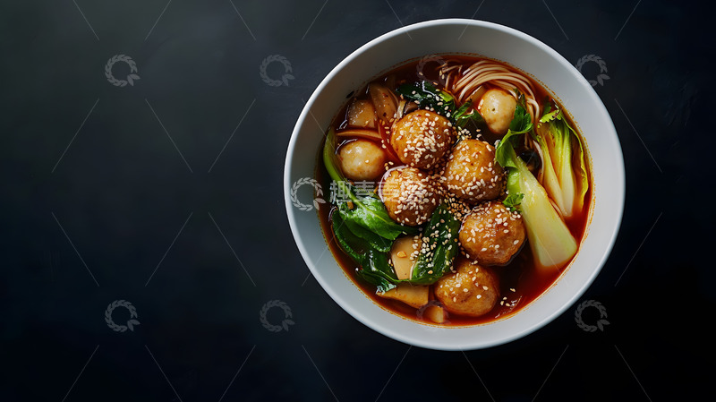 黑色背景中麻辣烫与蔬菜点缀的健康搭配
