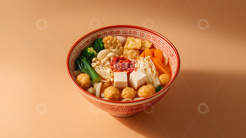 白色陶碗中的麻辣烫与新鲜配料的清新呈现