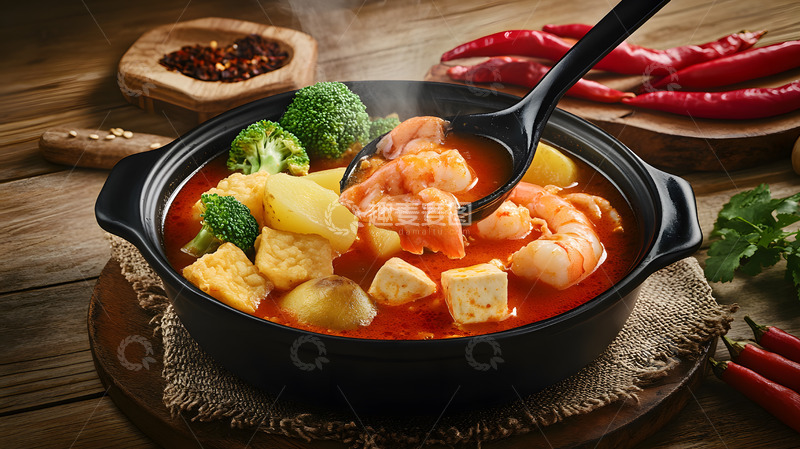 高清大图下载【趣麦麦图】-深色木质背景中陶碗盛放的经典麻辣烫