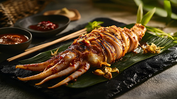 铁板整只鱿鱼搭配香草与多种酱料