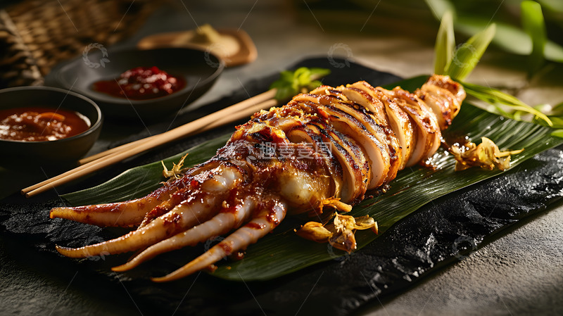 高清大图下载【趣麦麦图】-铁板整只鱿鱼搭配香草与多种酱料