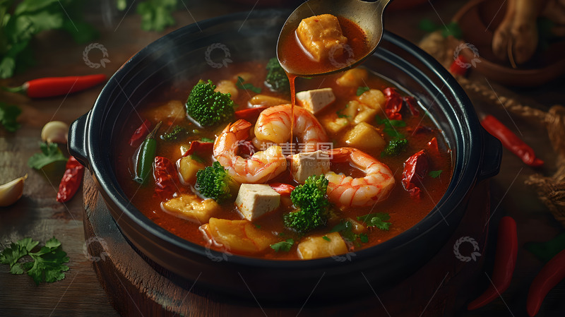 深色木质桌面上的陶碗麻辣烫与红辣椒点缀