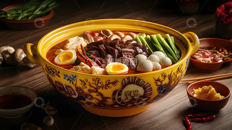 陶碗中盛放的麻辣烫与丰富配料的诱人展示
