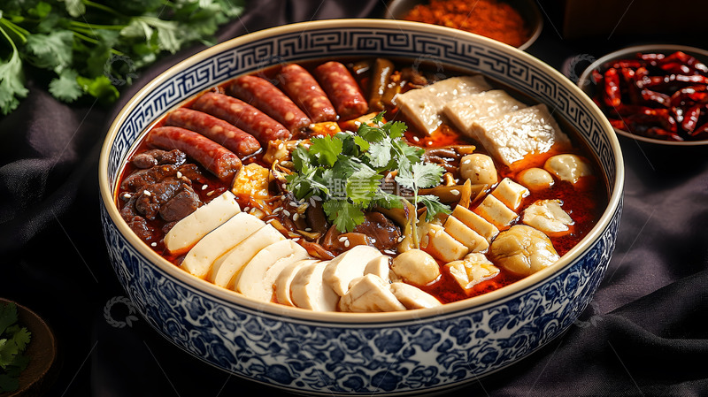 红色辣椒点缀下陶制碗中的经典麻辣烫