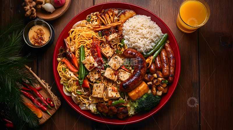 高清大图下载【趣麦麦图】-黑色背景中陶制碗盛放的经典麻辣烫特写