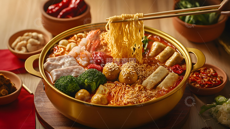 高清大图下载【趣麦麦图】-木质背景上陶碗盛放的经典麻辣烫与丰富配料