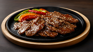 深色背景中铁板腰花与丰富配料的美味呈现