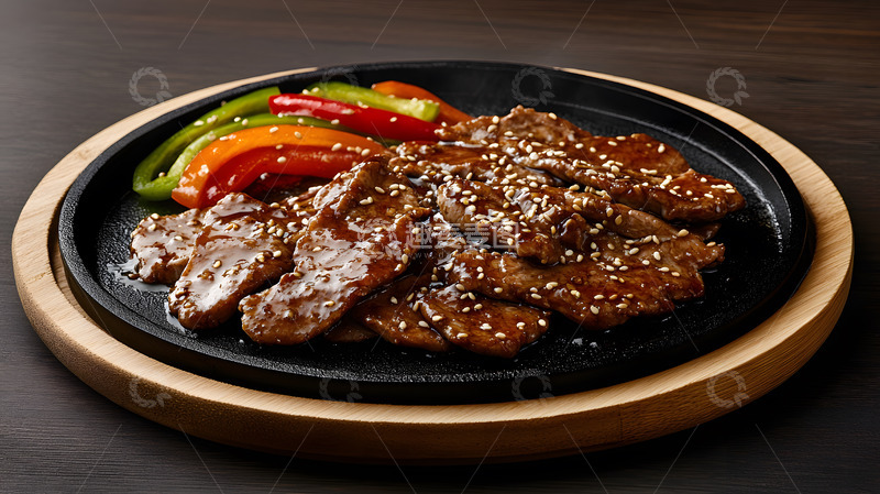 高清大图下载【趣麦麦图】-深色背景中铁板腰花与丰富配料的美味呈现