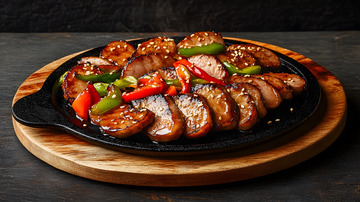 铁板腰花搭配红绿辣椒的经典菜肴