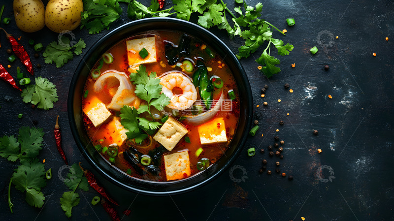 深色背景中陶碗麻辣烫的浓郁火辣展示