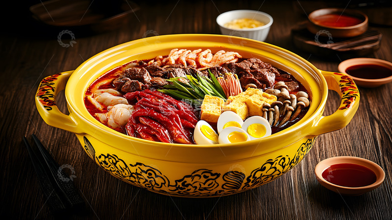 深色背景中热气腾腾的麻辣烫经典中式美食