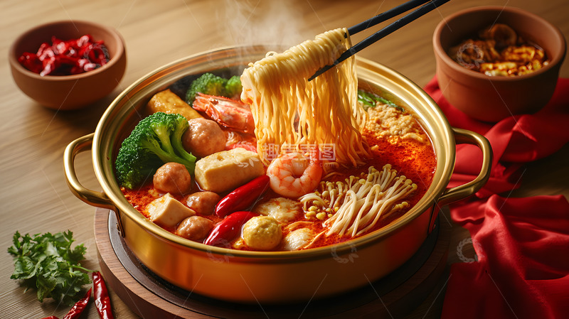 陶碗麻辣烫搭配木质背景的火辣健康展示