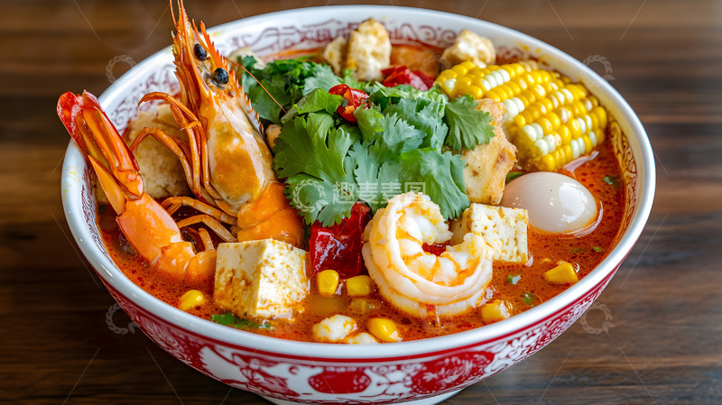 陶碗中丰富配料的麻辣烫与鲜香辣汤完美结合