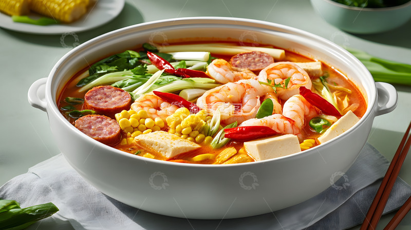 高清大图下载【趣麦麦图】陶碗中搭配新鲜香菜的麻辣烫健康展示