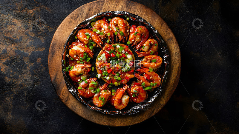 高清大图下载【趣麦麦图】铁板蒜蓉大虾搭配辣椒点缀的诱人美味