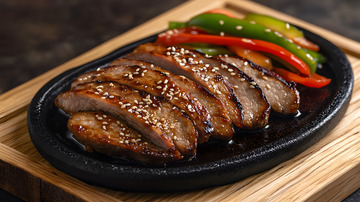 陶铁板盛放的腰花与浓郁酱汁的诱人美味